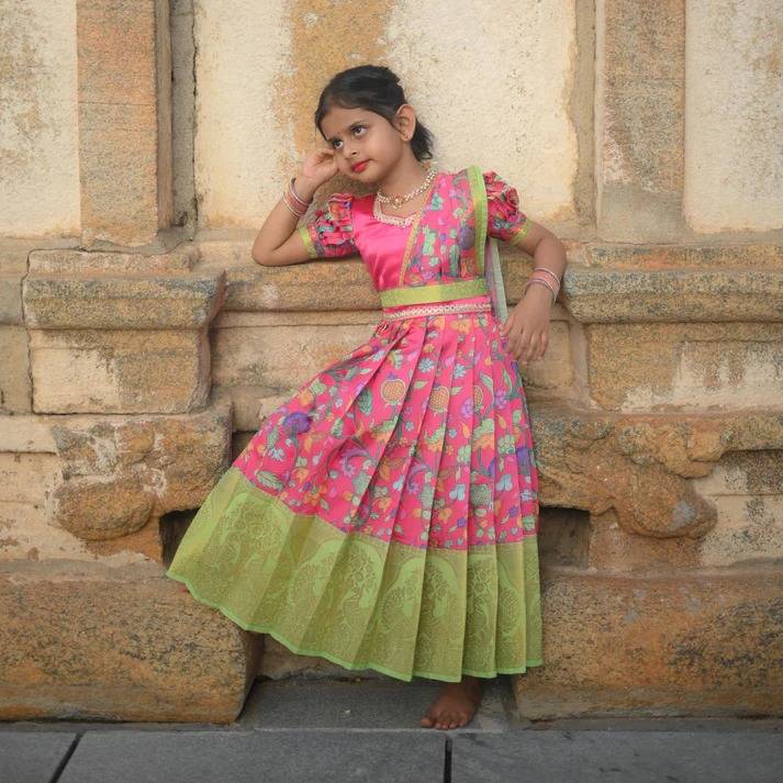 Ugadi Special Attach Dupatta kids Gown Silk Pink Wholesale children outerwear